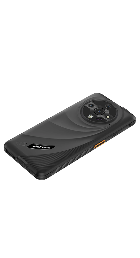 Ein schwarzes Ulefone Smartphone auf schwarzem Hintergrund mit strukturierter Rückseite und rundem Kameramodul.