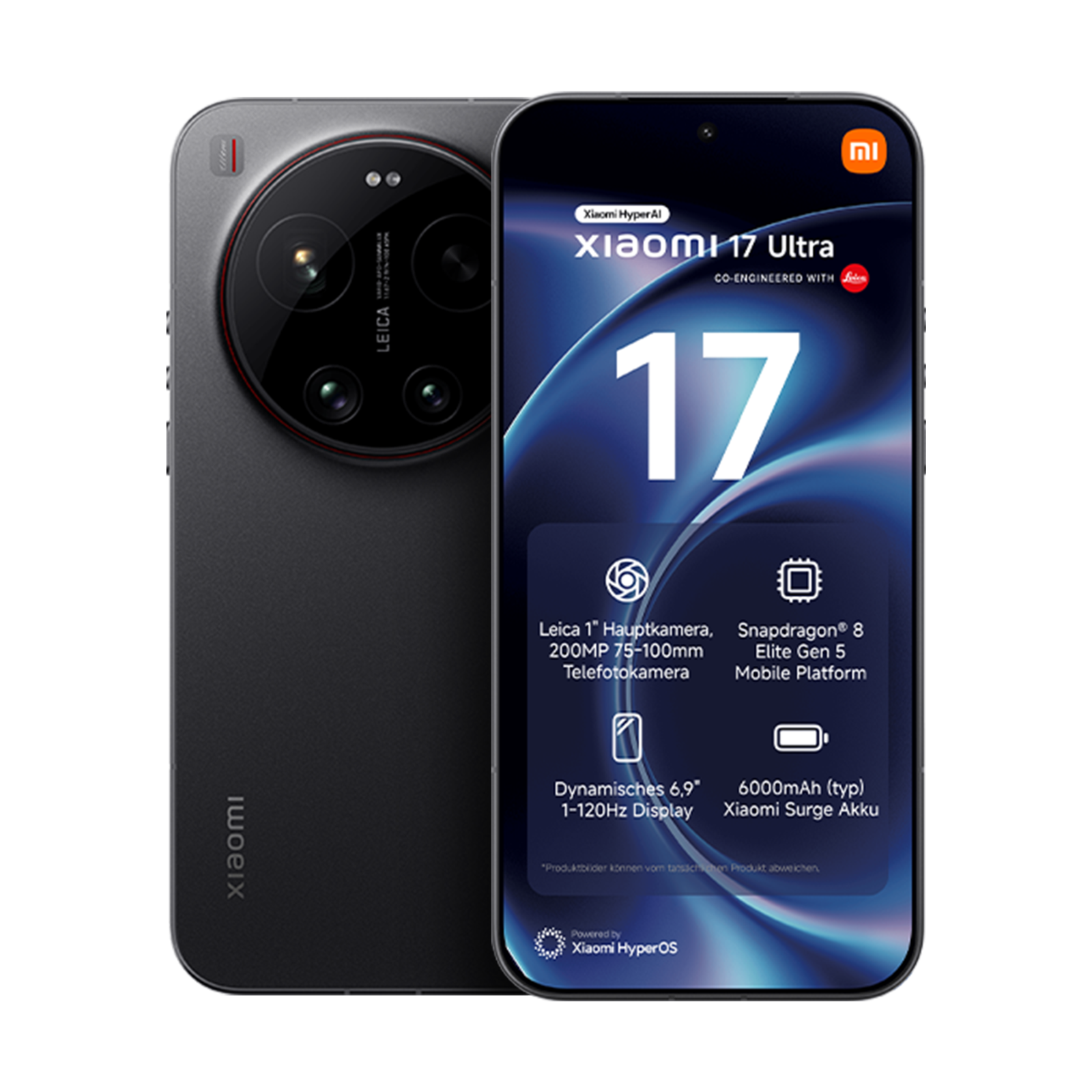 Zwei dunkelgraue Xiaomi 17 Ultra Smartphones zeigen das rückseitige Kameramodul und das Frontdisplay mit Specs.