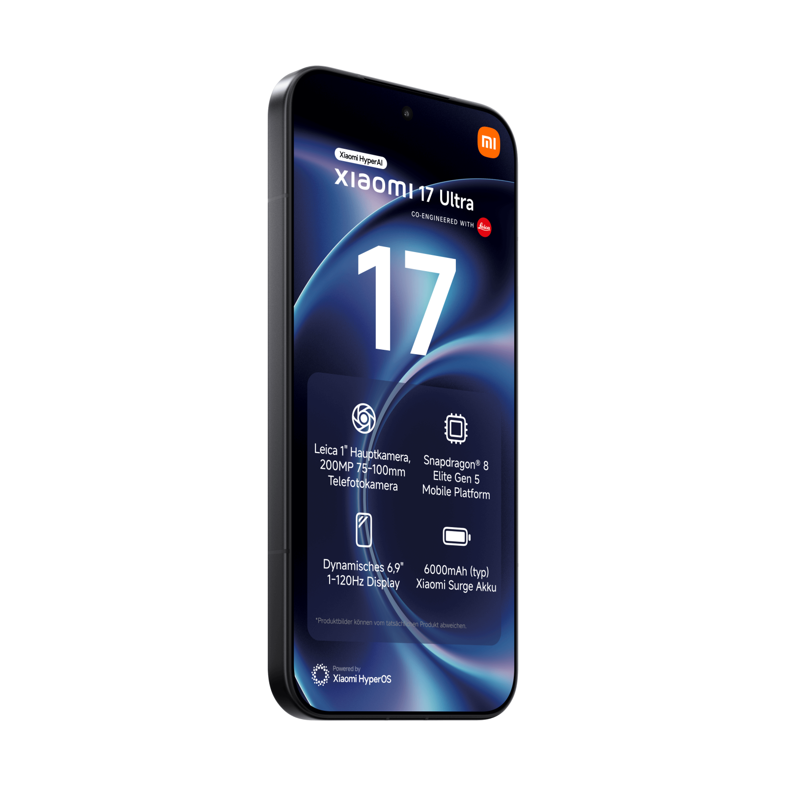 Xiaomi 17 Ultra Smartphone mit technischen Daten auf dem Bildschirm gegen dunklen Hintergrund.