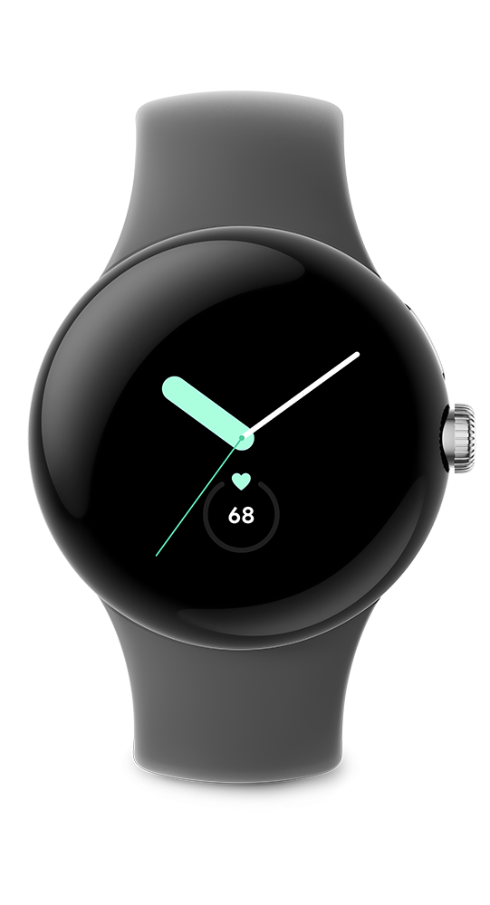 Czarny smartwatch z okrągłym wyświetlaczem, wskazówkami i wskaźnikiem tętna na ciemnym tle.