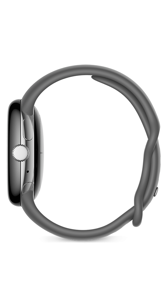 Czarny smartwatch z okrągłą kopertą i szarym silikonowym paskiem na czarnym tle.