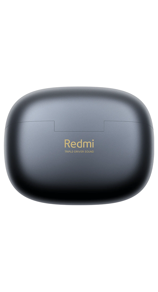 Estuche de carga para auriculares inalámbricos Redmi gris oscuro con letras doradas sobre fondo negro.