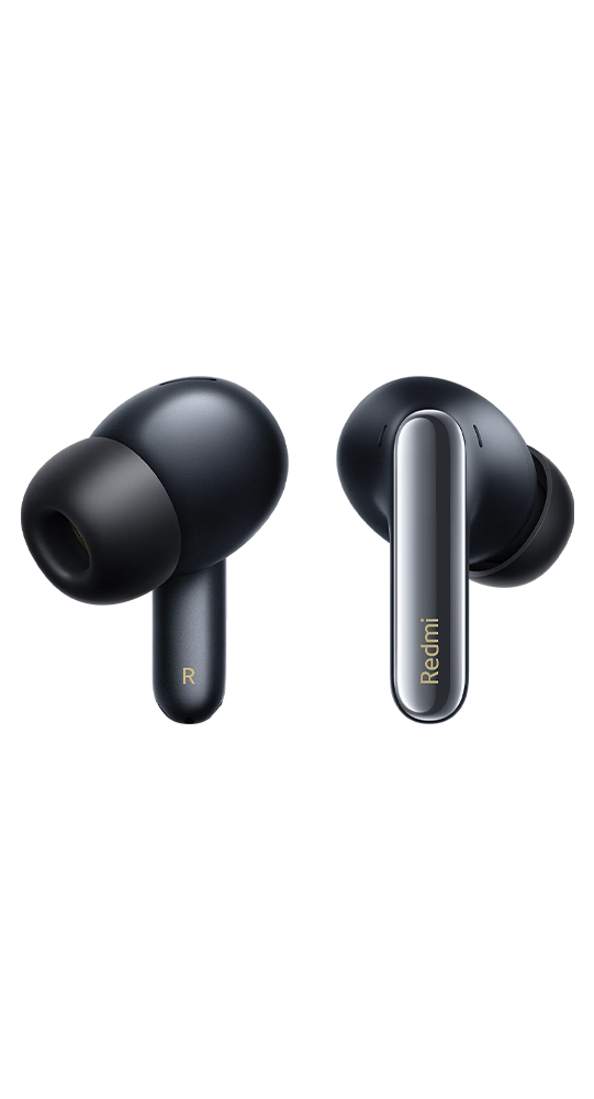 Auriculares inalámbricos Redmi negros con vástago metálico brillante sobre fondo oscuro.