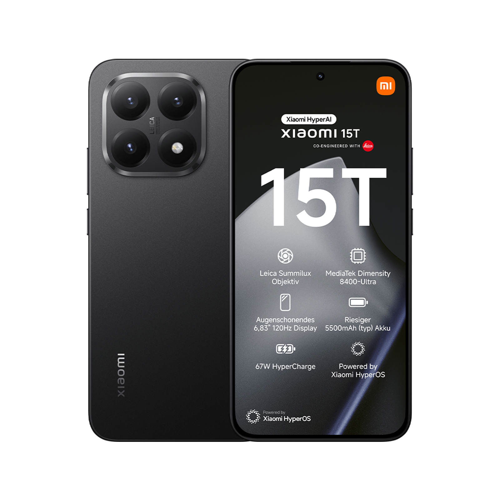 Schwarzes Xiaomi 15T Smartphone mit Vierfachkamera und technischer Datenübersicht auf dem Bildschirm.