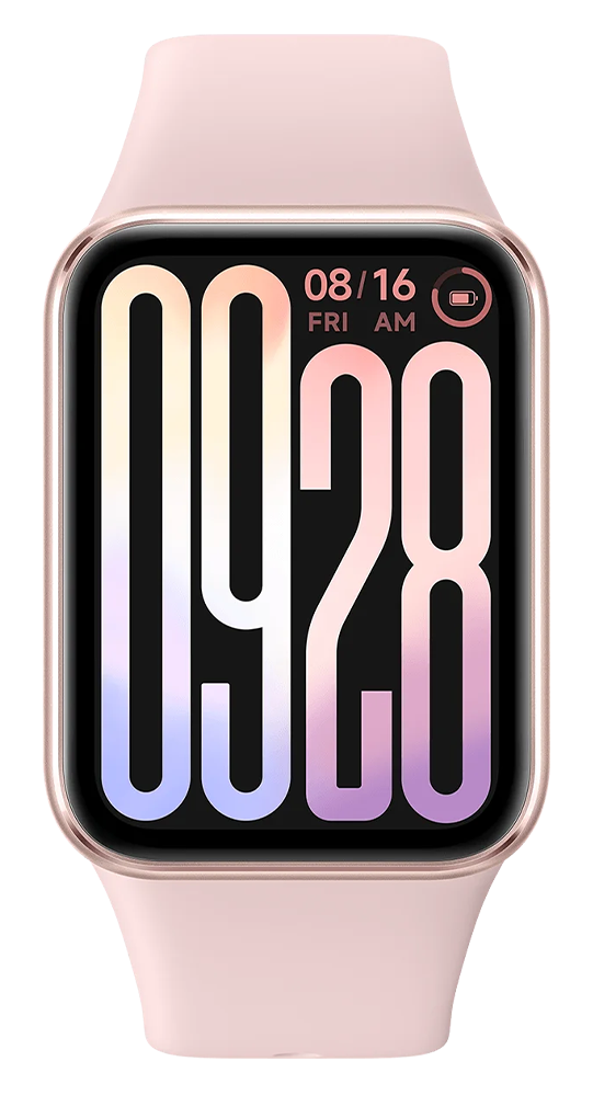 Un reloj inteligente rosa muestra la hora 09:28, la fecha y el nivel de batería.
