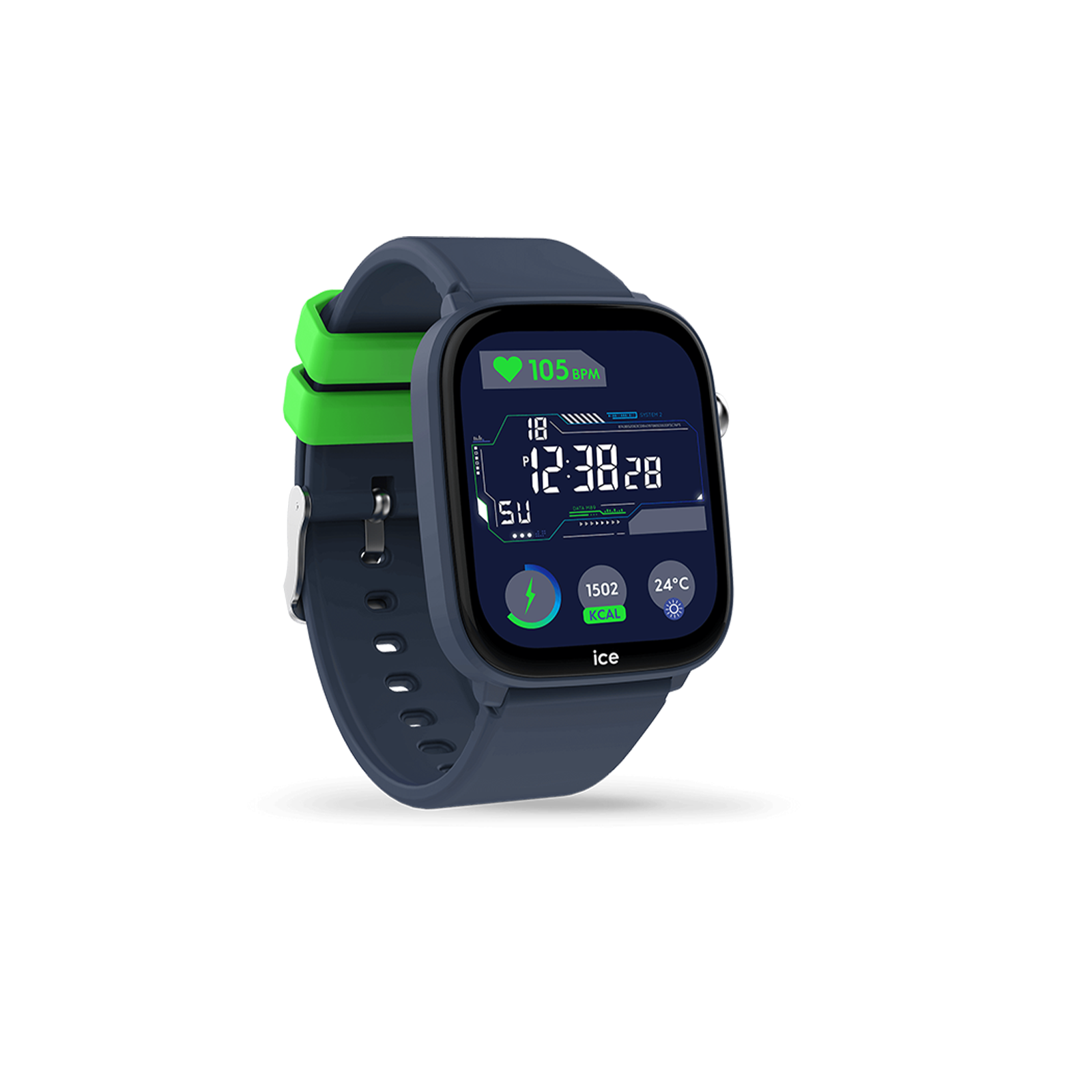 Eine dunkelgraue Smartwatch mit grünem Armband zeigt das digitale Zifferblatt mit Herzfrequenz an.