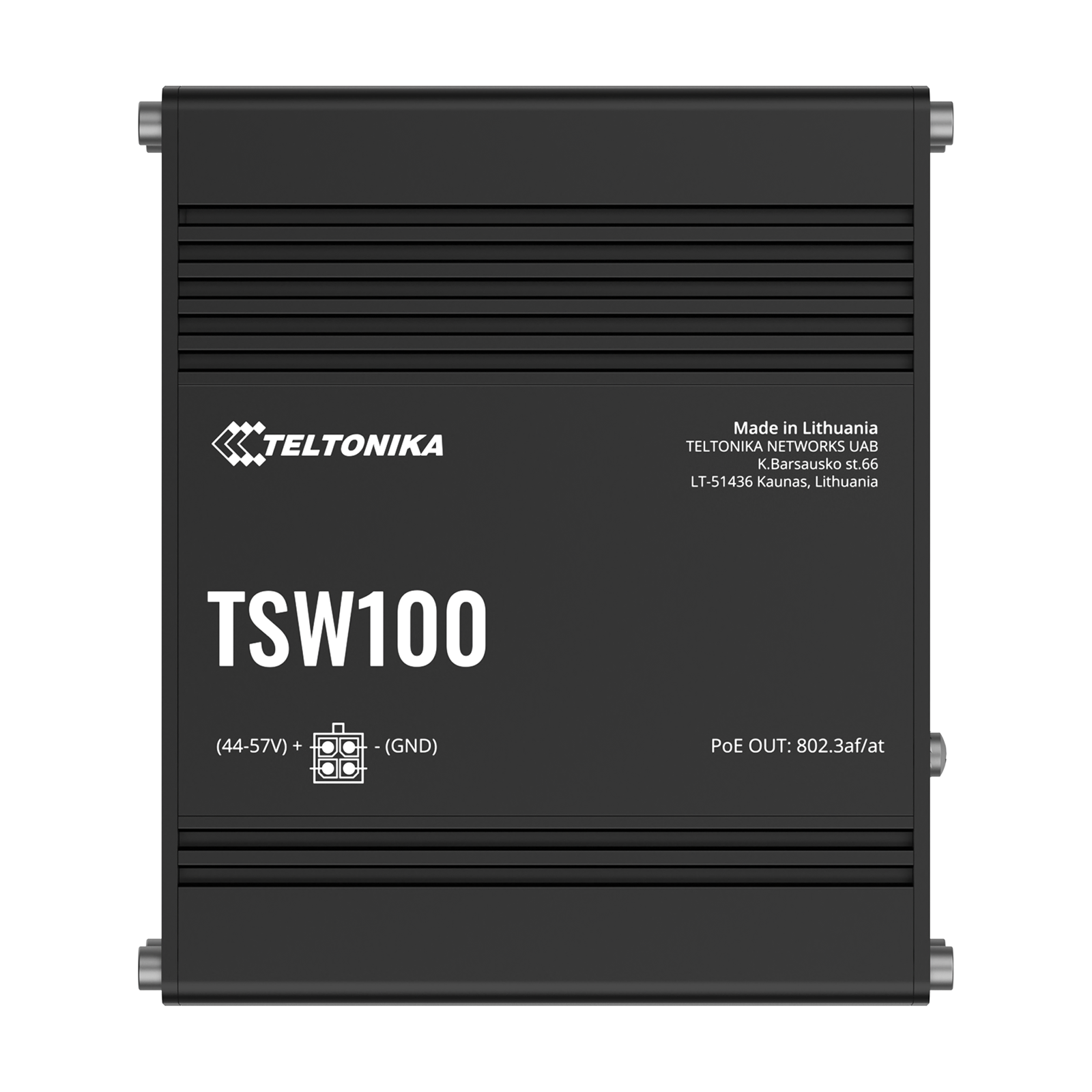 Zwart Teltonika TSW100 netwerkapparaat met voedingslabels en fabrikantinfo op zwarte achtergrond.