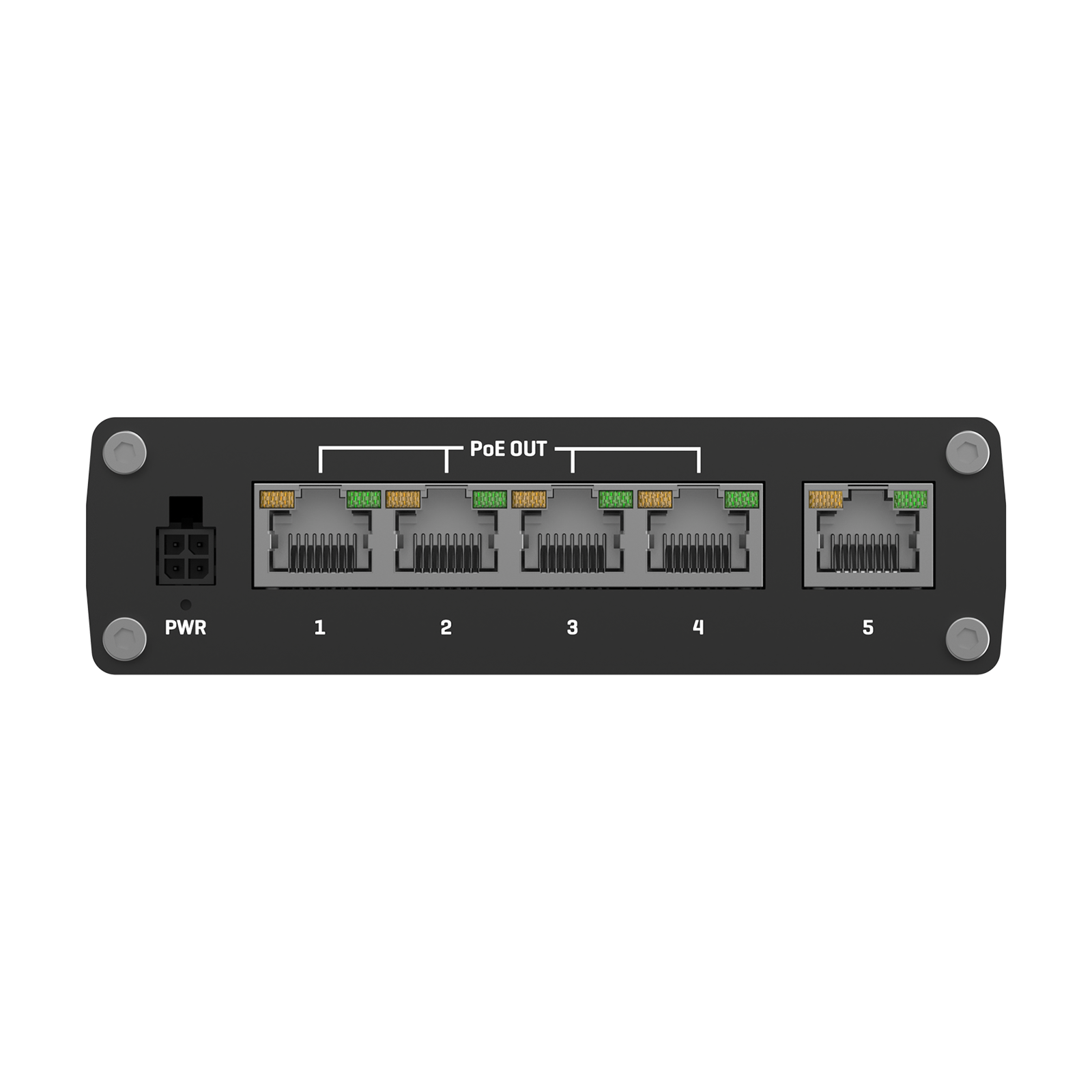Netwerkschakelaarpaneel met één voedingspoort en vijf genummerde PoE Out Ethernet-poorten op een zwarte achtergrond.