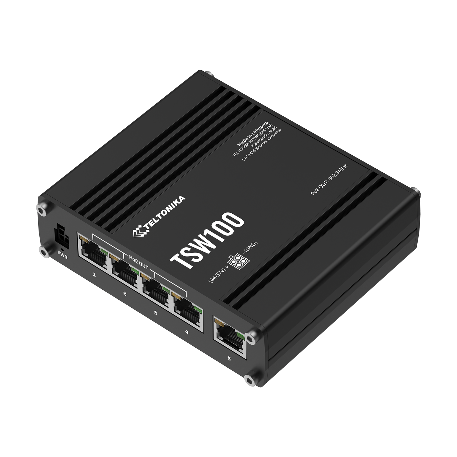 Een zwarte Teltonika TSW100 netwerkschakelaar met vijf ethernetpoorten, stroomingang en logo op een donkere achtergrond.