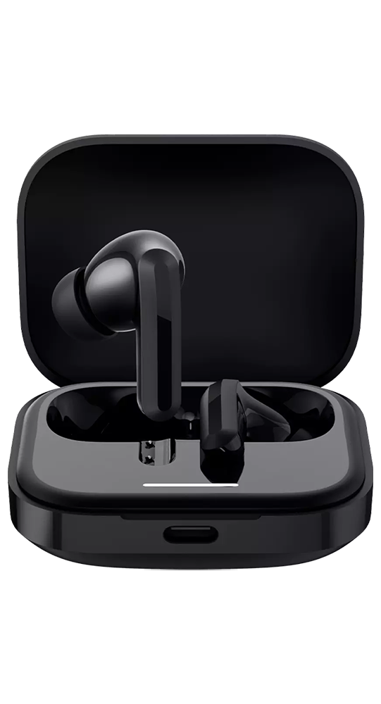 Auriculares inalámbricos negros con estuche de carga sobre fondo negro.