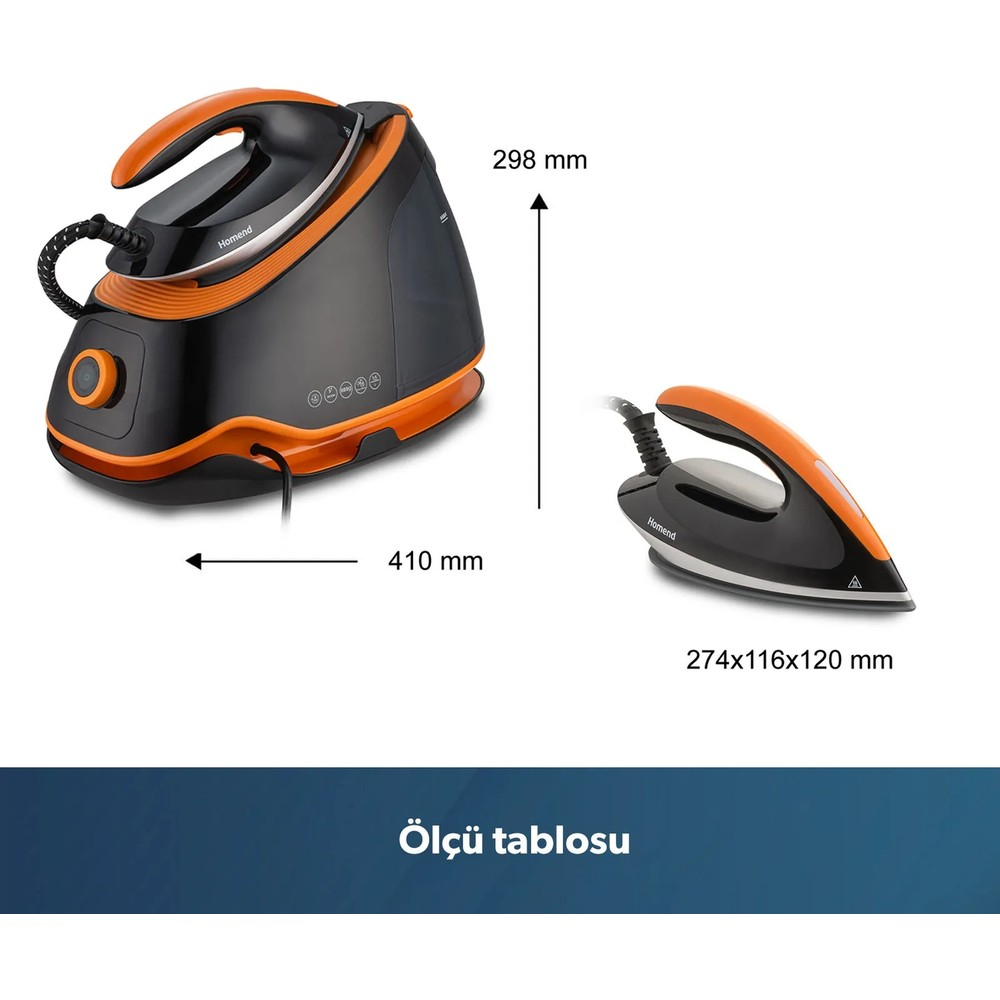 Beyaz arkaplanda baz istasyonu ve ölçüleri gösterilen siyah ve turuncu buharlı ütü.