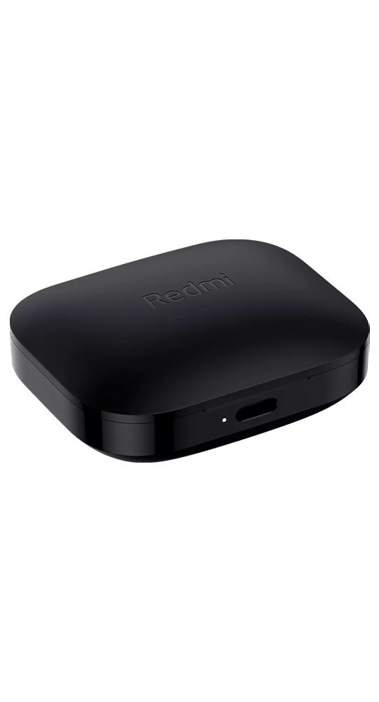 Un estuche de carga negro para auriculares Redmi con puerto de carga sobre fondo negro.
