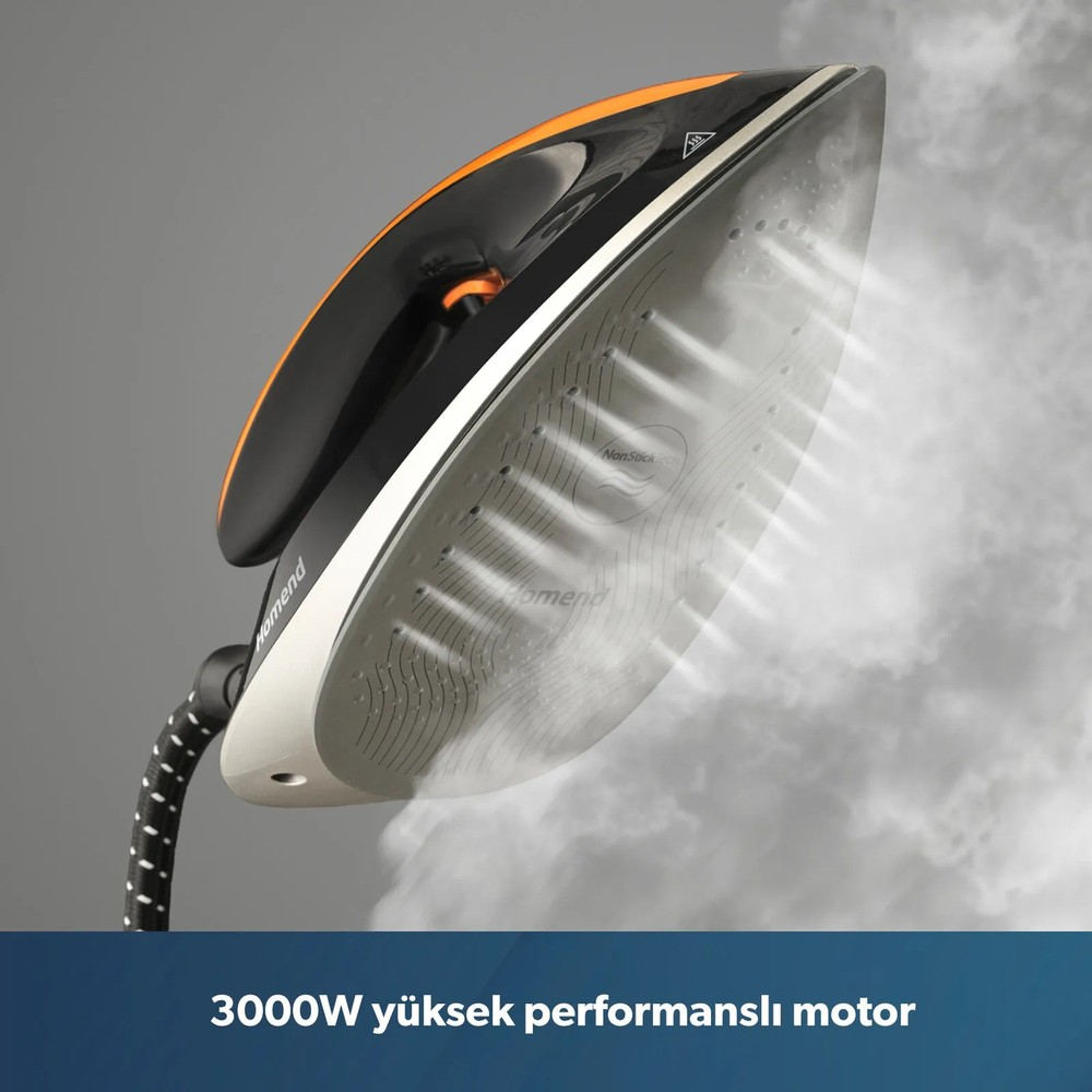 Siyah ve turuncu renkli buharlı ütü gri arka planda buhar üflüyor, altta 3000W yüksek performansli motor yazısı var.