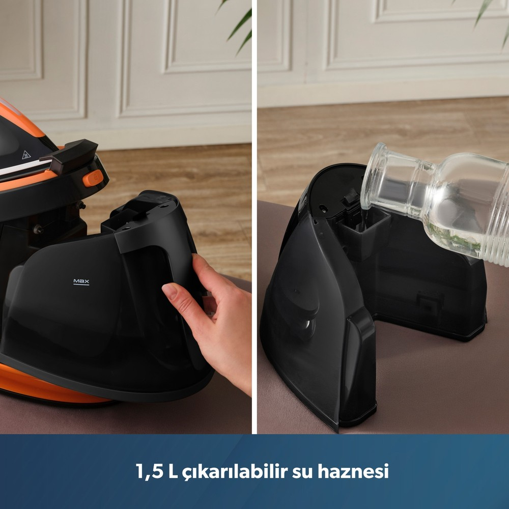 Bir görüntü su haznesinin çıkarılmasını, diğeri bir sürahiden suyla doldurulmasını gösterir.