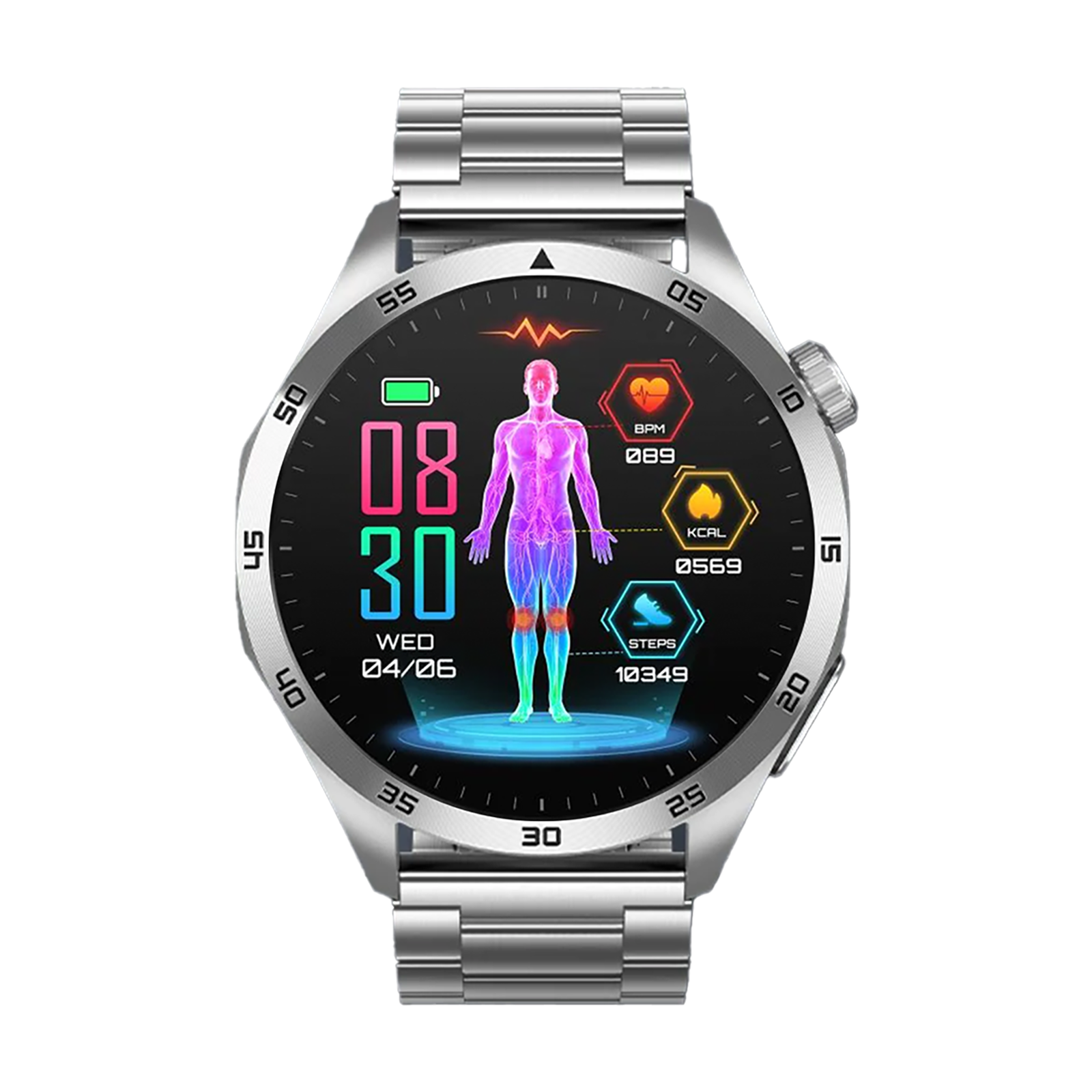 Eine silberne Smartwatch mit digitalem Zifferblatt zeigt Gesundheitsdaten und ein menschliches Anatomie-Hologramm.