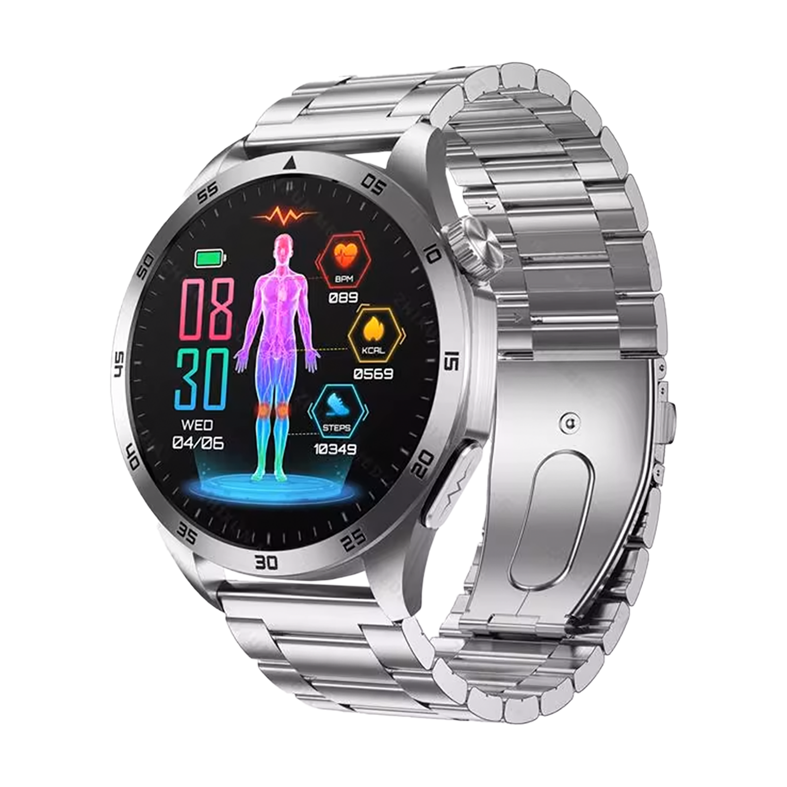 Silberne Smartwatch mit Metallarmband zeigt auf dem Display Vitalwerte wie Herzfrequenz und Kalorien an.