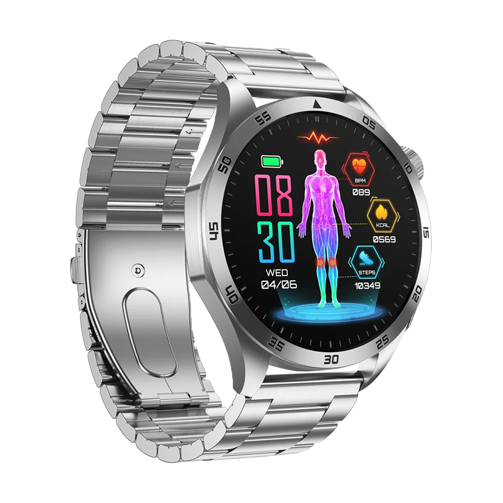 Silberne Smartwatch mit Metallarmband zeigt digitale Gesundheitsdaten und eine menschliche Figur auf dem Display.