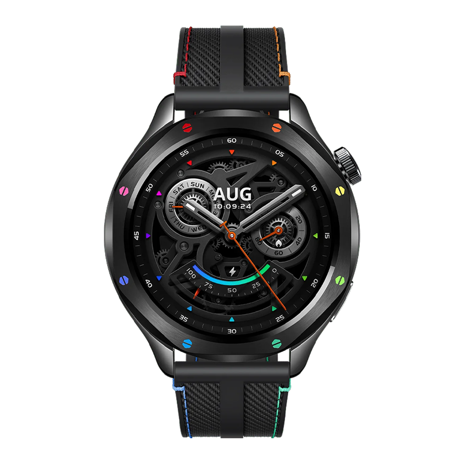 Un reloj inteligente negro con esfera compleja, detalles coloridos y correa texturizada sobre fondo negro.