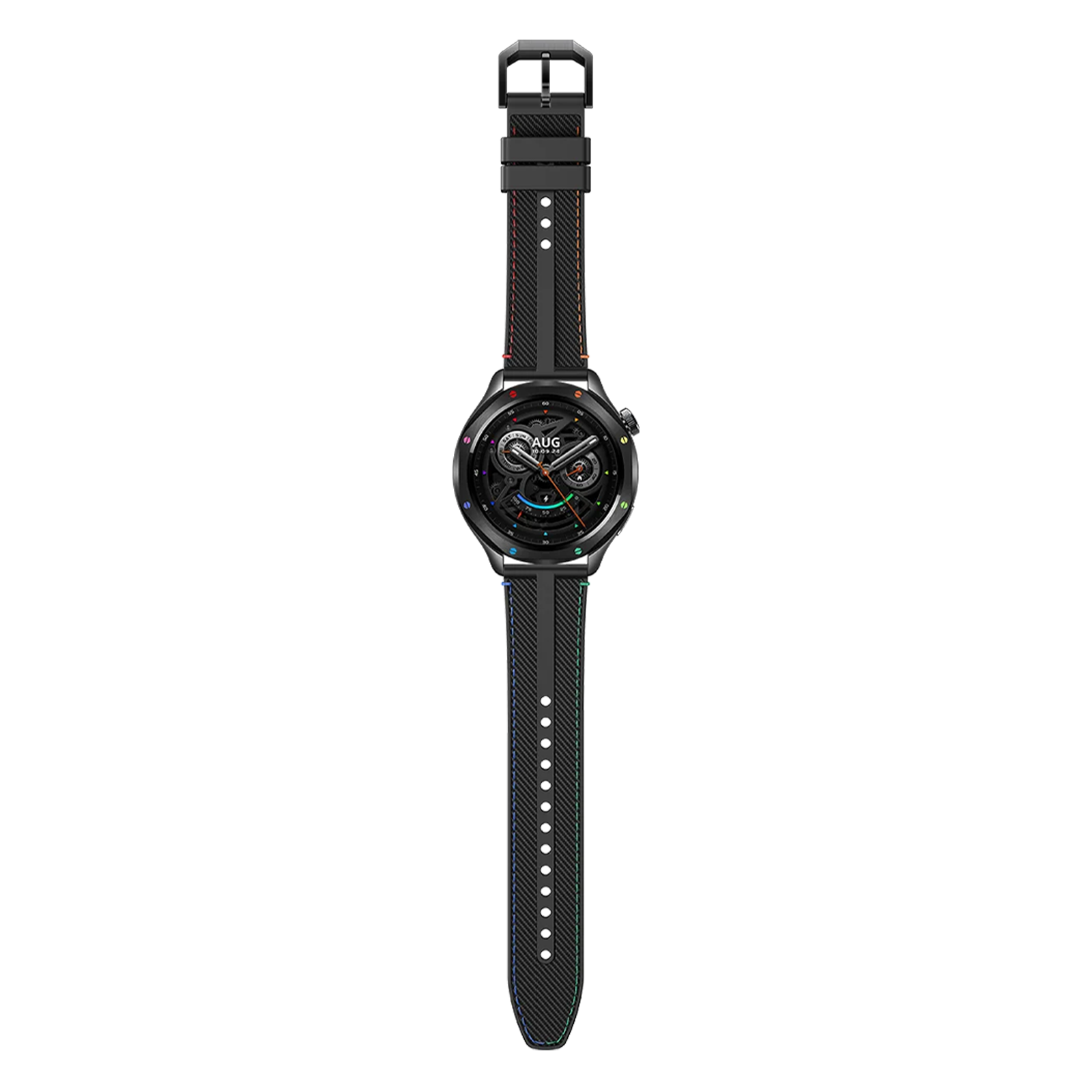 Un reloj inteligente negro con correa texturizada y costuras de arcoíris, sobre un fondo negro sólido.
