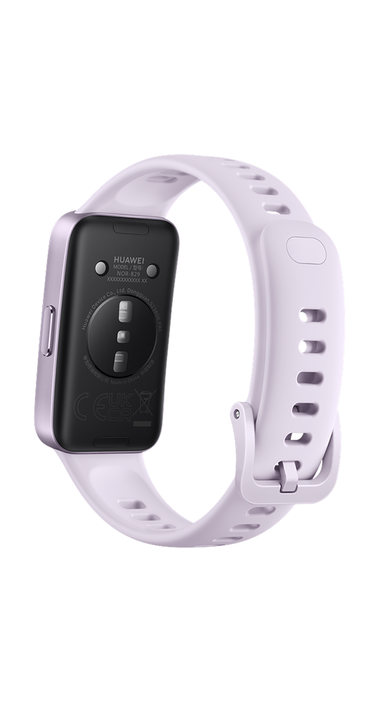 Retro di uno smartwatch Huawei viola con sensori su sfondo nero.