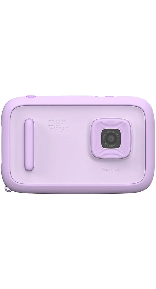 Un appareil photo numérique violet pour enfants, MyFirst Camera S0, avec objectif à droite et poignée à gauche, sur fond blanc.