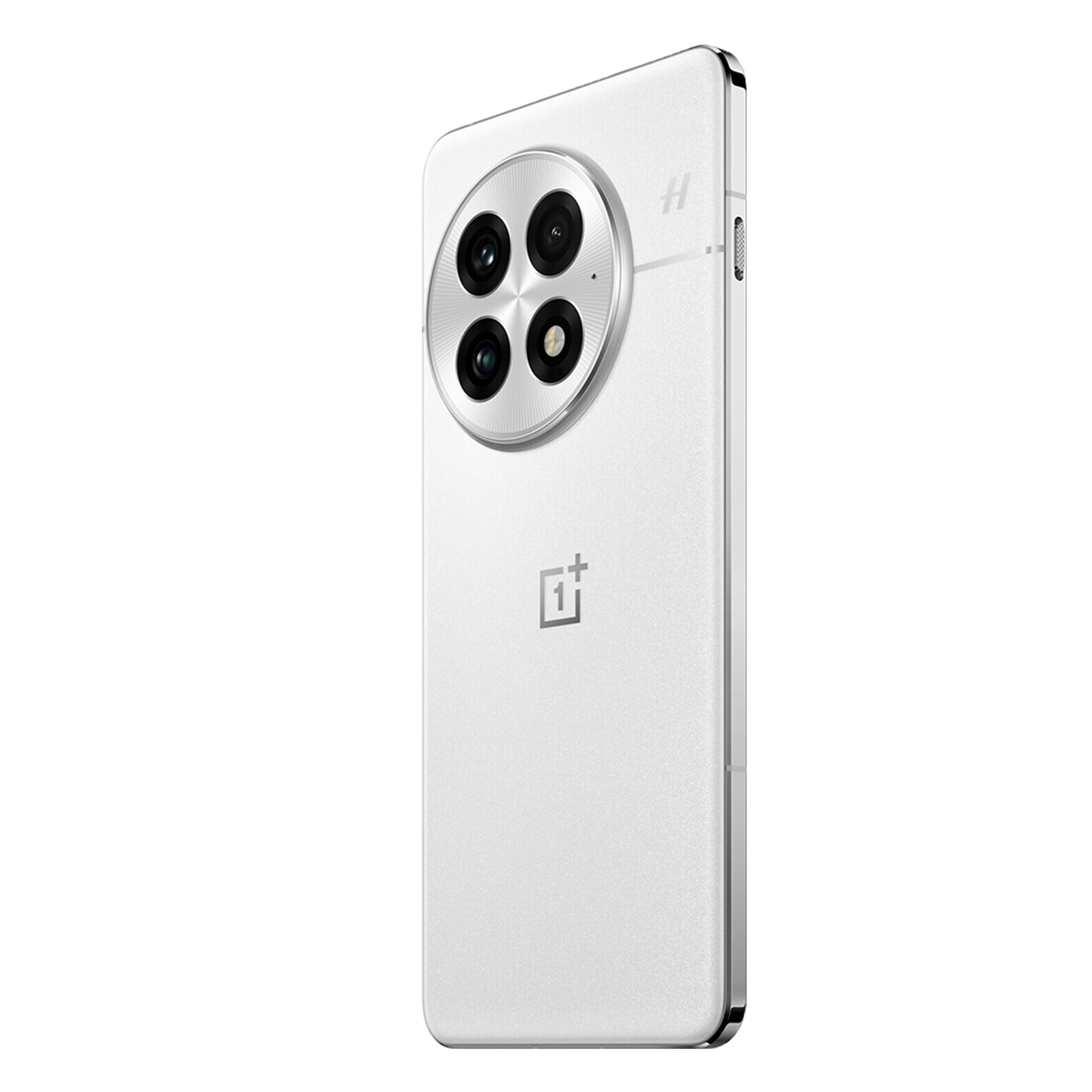 Un teléfono inteligente blanco visto desde atrás, con un gran módulo de cámara circular y el logotipo de OnePlus.