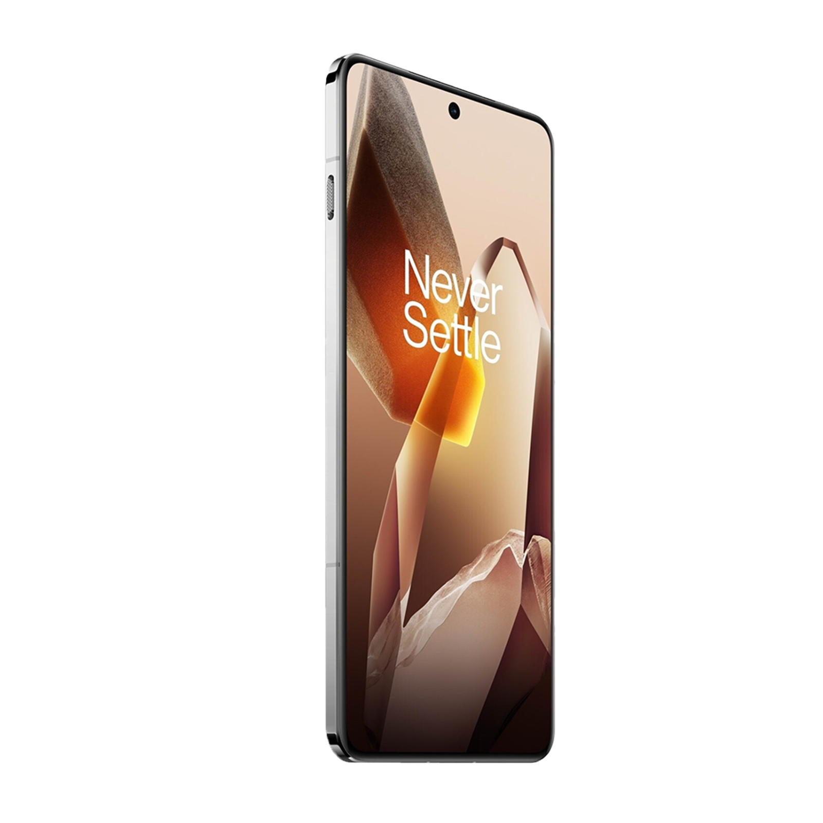 Un teléfono inteligente con marco plateado muestra el texto Never Settle sobre un fondo marrón abstracto.