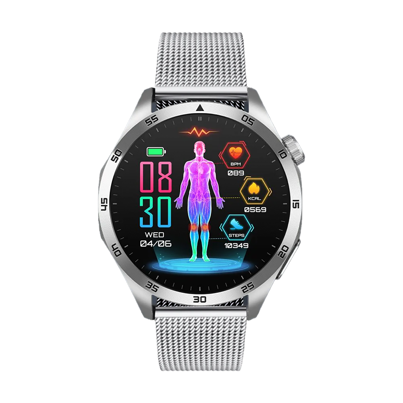 Eine smarte Uhr mit silbernem Metallarmband und Display mit Gesundheitsmetriken und einer menschlichen Anatomiegrafik.