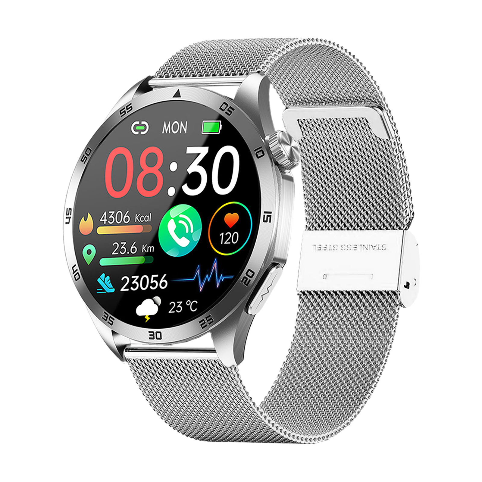 Eine silberne Smartwatch mit einem runden Zifferblatt und einem Mesh-Armband vor schwarzem Hintergrund.