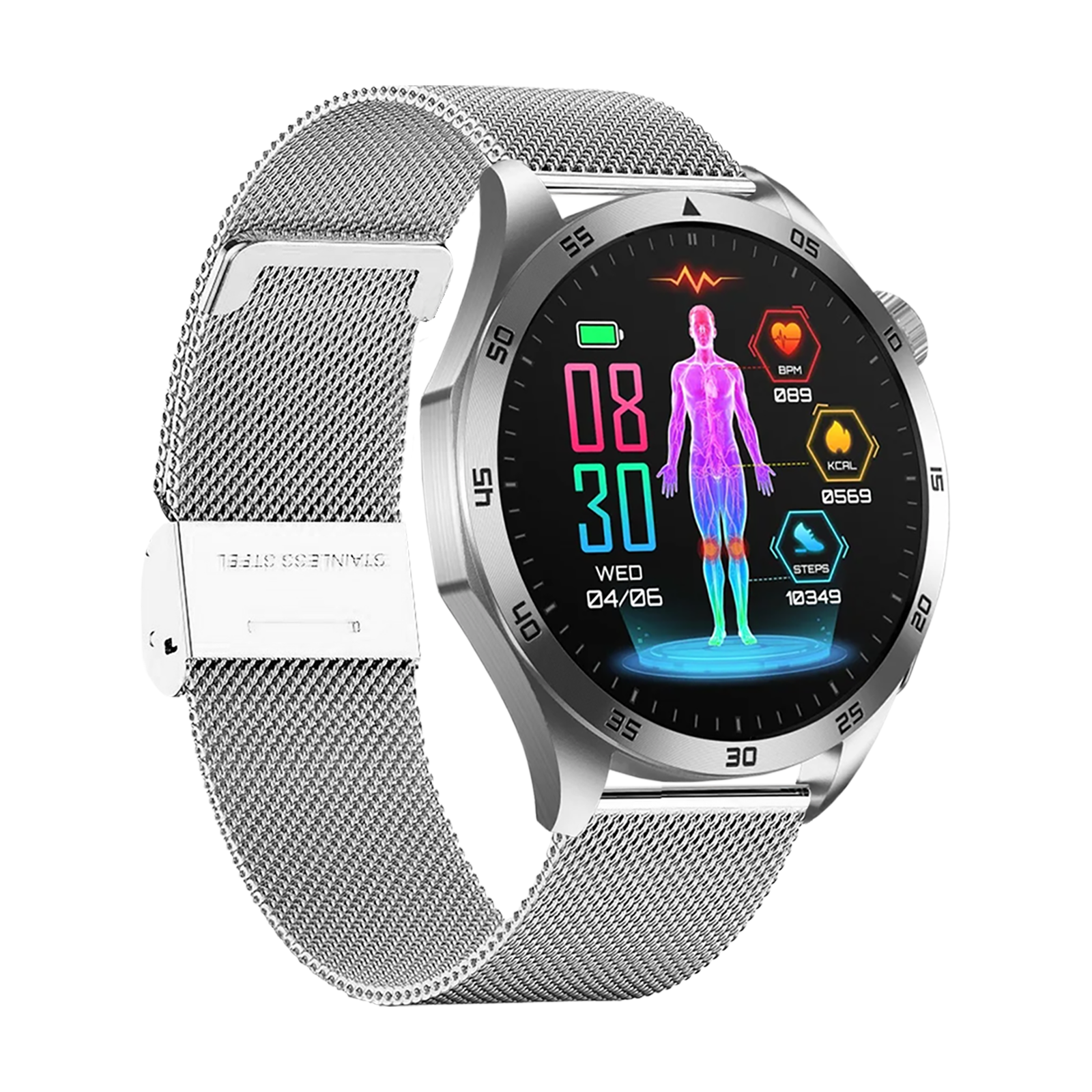 Eine silberne Smartwatch mit Edelstahlarmband zeigt Gesundheitsdaten und einen menschlichen Körper auf dem Display.
