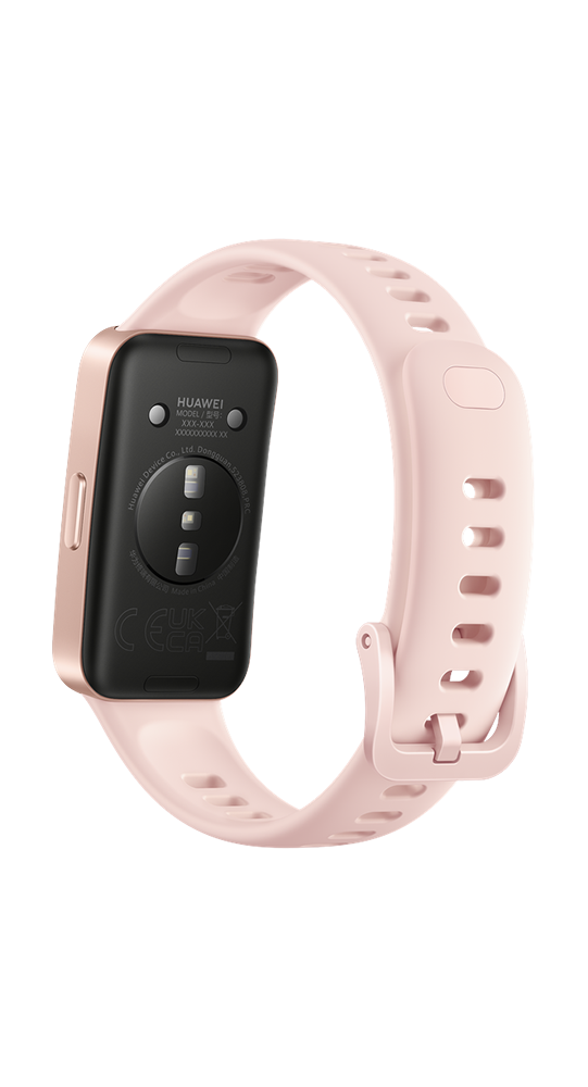 Arrière d'une montre connectée Huawei rose avec capteurs sur fond noir.