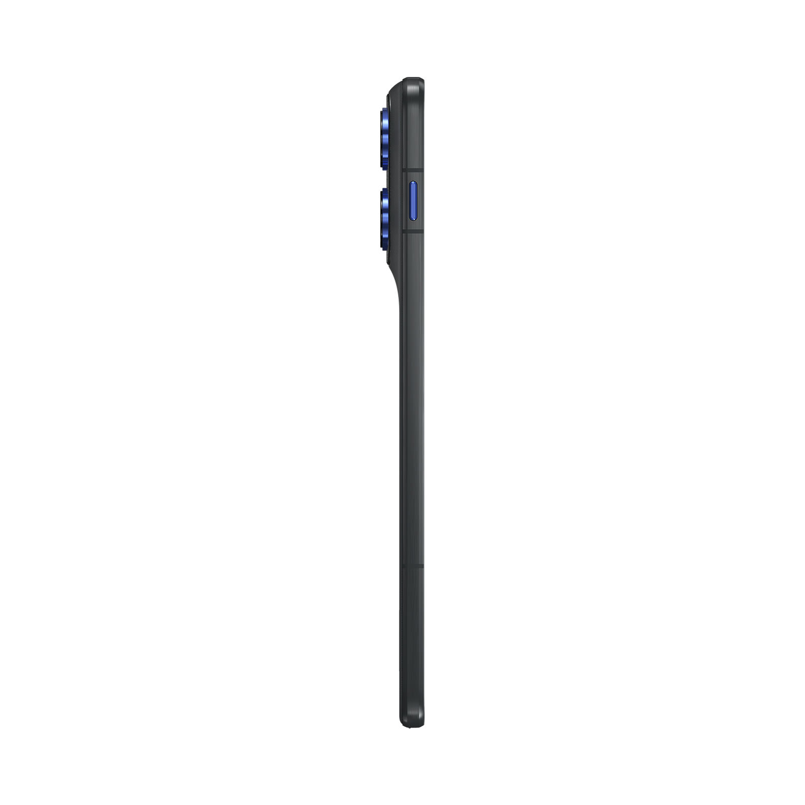 Seitenansicht eines schwarzen Smartphones mit blauen Tasten und Kameraringen vor schwarzem Hintergrund.