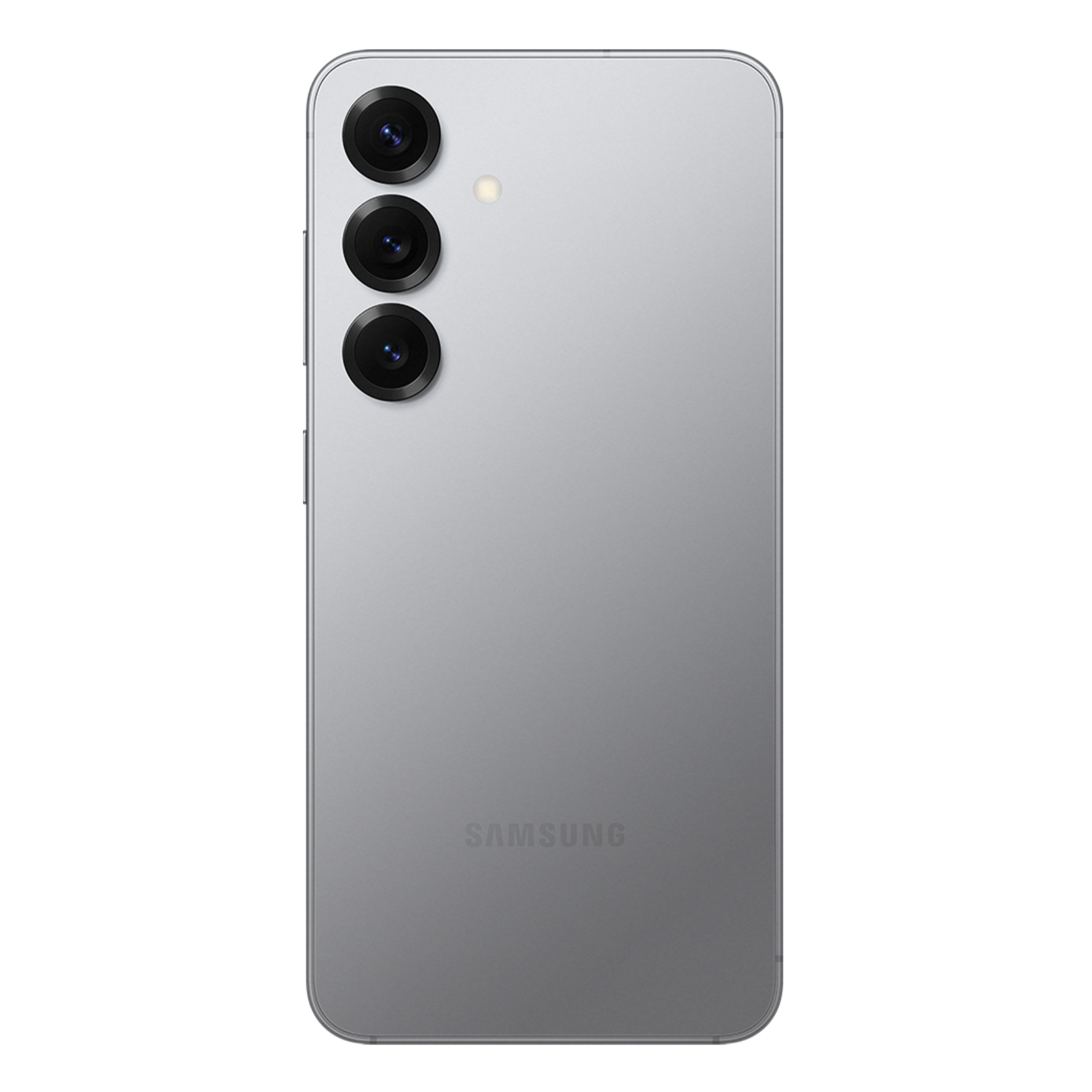 Dos d'un smartphone argenté avec un triple appareil photo vertical et le logo Samsung.