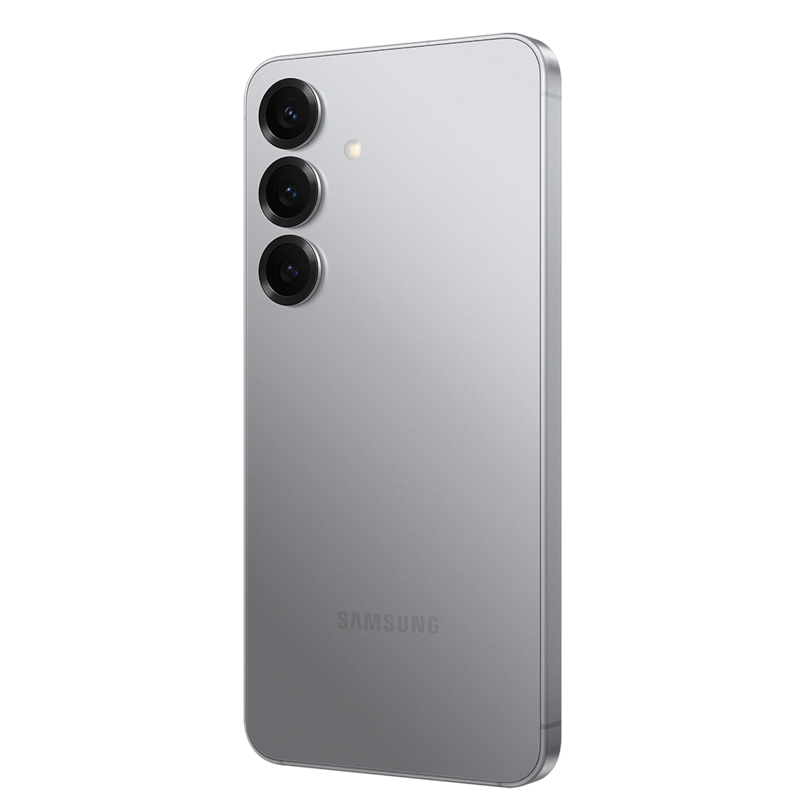 Dos d'un smartphone Samsung argenté avec triple caméra verticale et flash sur fond noir.