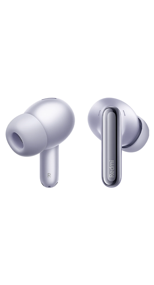 Dos auriculares Redmi de color morado claro con vástagos brillantes sobre un fondo negro.