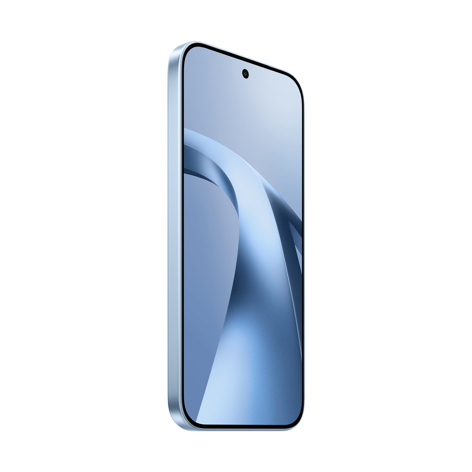 Ein schlankes Smartphone mit blauem Hintergrund auf dem Display vor schwarzem Hintergrund.