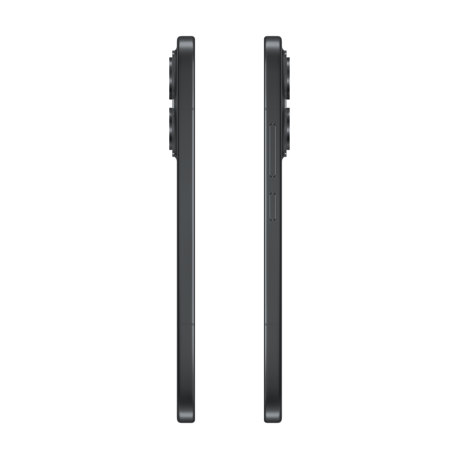 Zwei Seitenprofile eines dunklen Smartphones mit Lautstärke- und Ein-/Ausschalter vor schwarzem Hintergrund.
