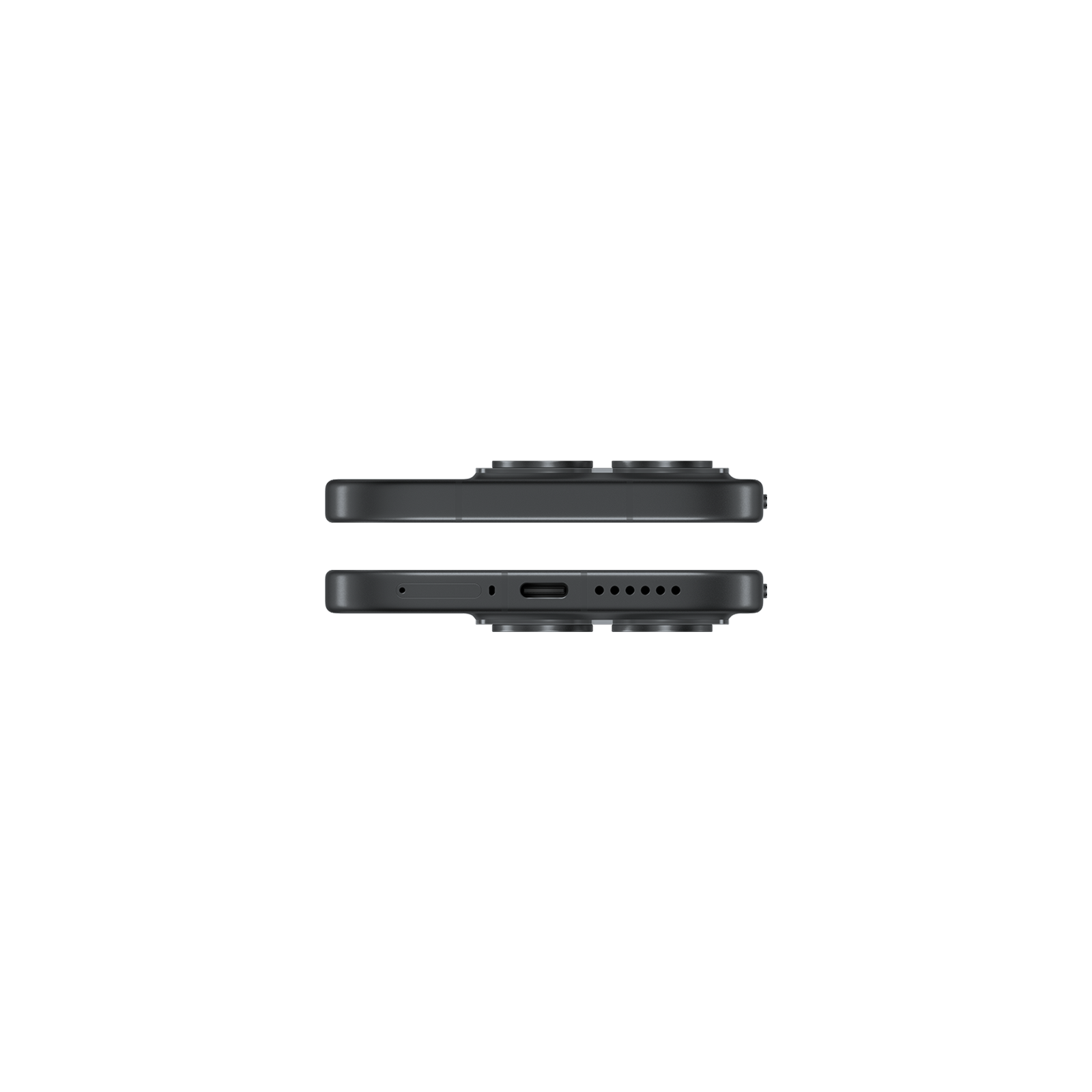 Ansicht der oberen und unteren Kante eines schwarzen Smartphones mit USB-C-Anschluss und Lautsprecher auf schwarzem Grund.