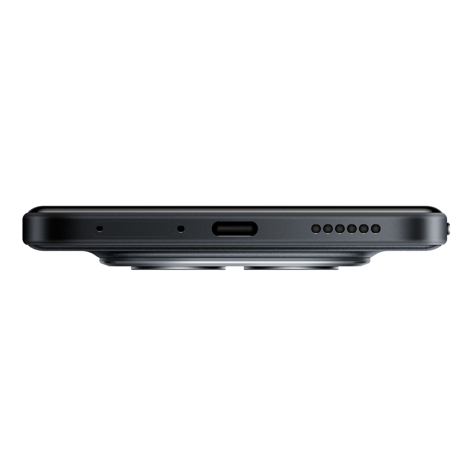 Unterseite eines schwarzen Smartphones mit USB-C-Anschluss, Lautsprechergittern und SIM-Schacht auf schwarzem Grund.