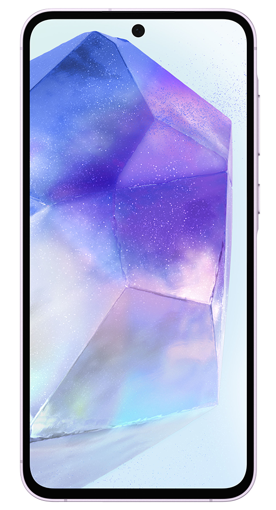 Smartfon wyświetla na ekranie grafikę dużego, lśniącego niebiesko-fioletowego kryształu.