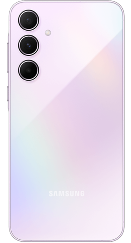 Tył jasnofioletowego smartfona Samsung z trzema pionowymi aparatami i logo Samsung na dole.