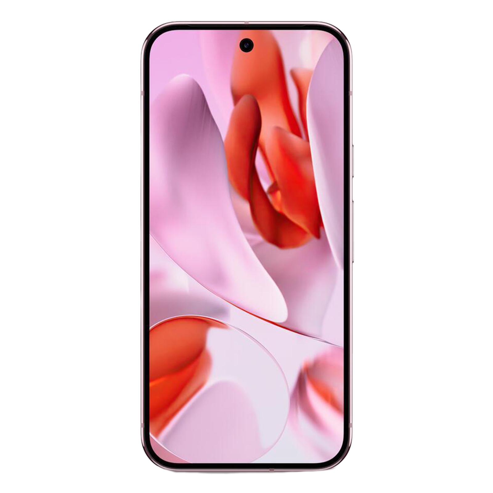 A smartphone showing an abstract pink and red background on its bezel-less display.