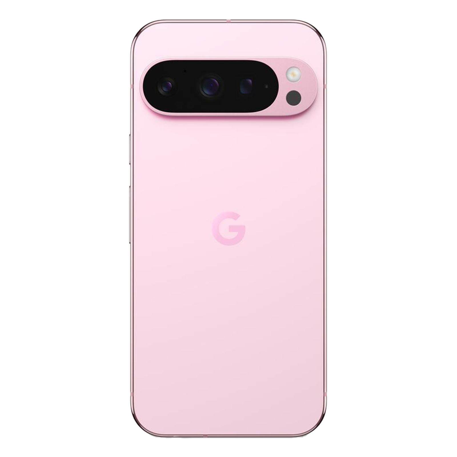 Back of a pink smartphone with a horizontal triple camera and the Google logo in the center.