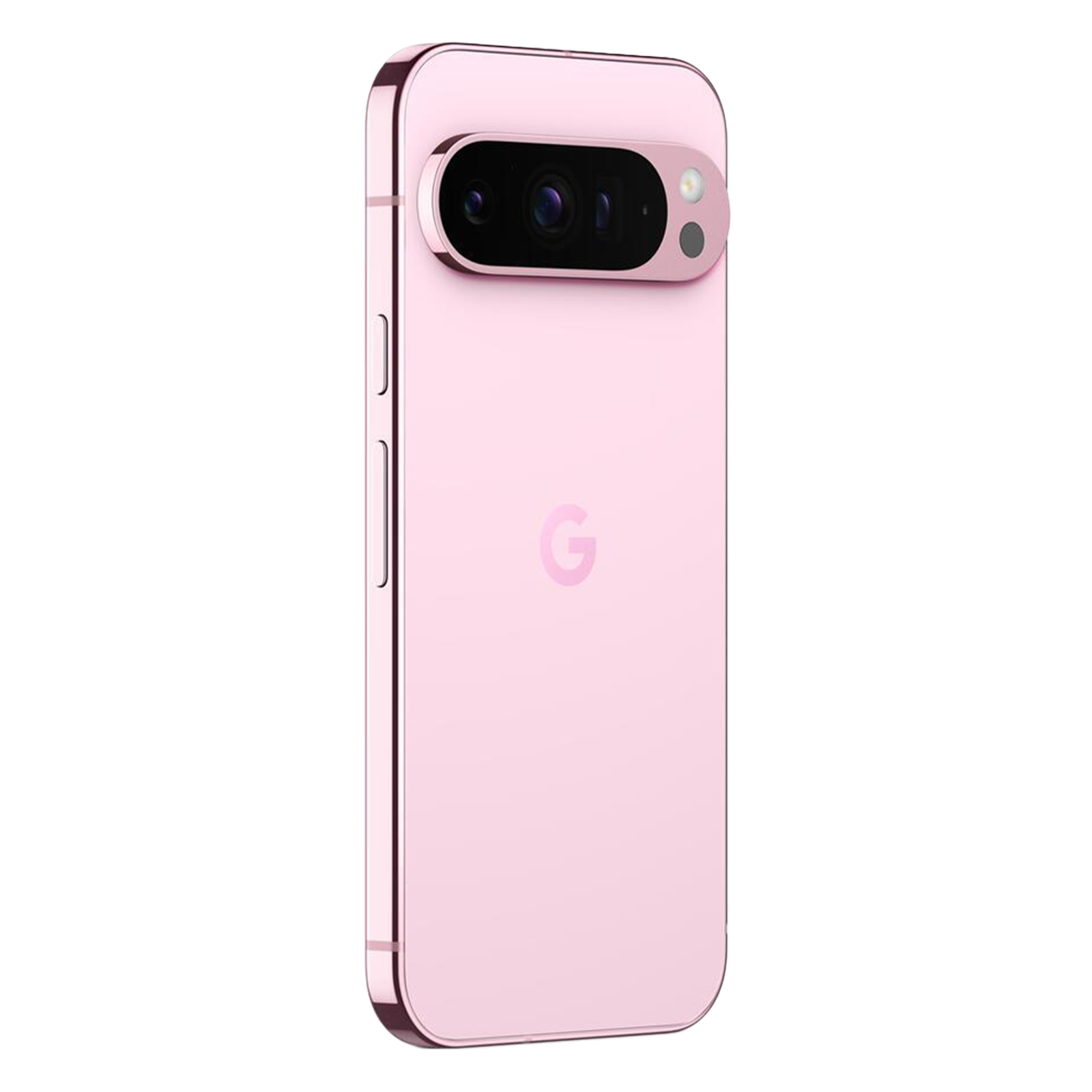 A pink smartphone with a horizontal camera bar on the back and a Google logo, isolated on a black background.