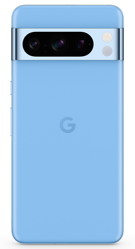 Parte trasera de un teléfono inteligente azul claro con una barra de cámara horizontal y el logotipo de Google.