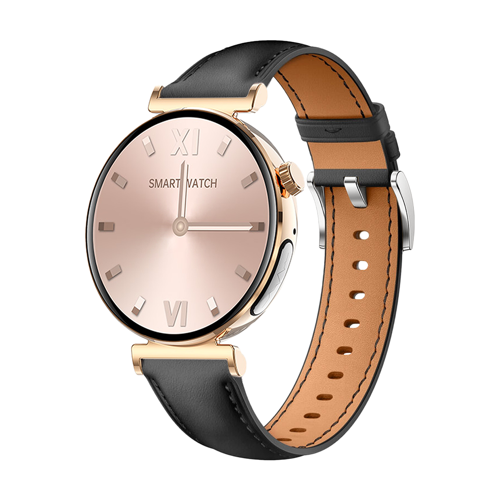 Eine elegante Smartwatch mit Roségold-Gehäuse, digitalem Zifferblatt und schwarzem Lederarmband vor schwarzem Hintergrund.