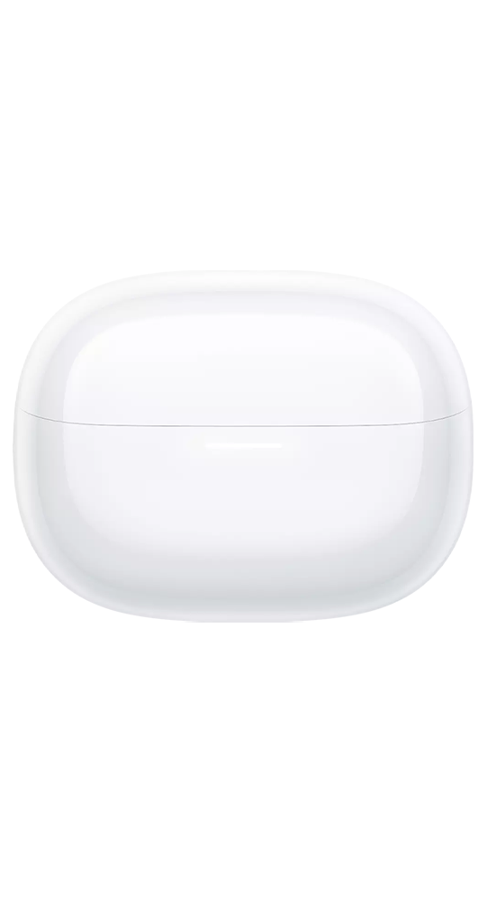 Un estuche de carga blanco brillante y redondeado para auriculares inalambricos sobre fondo negro.