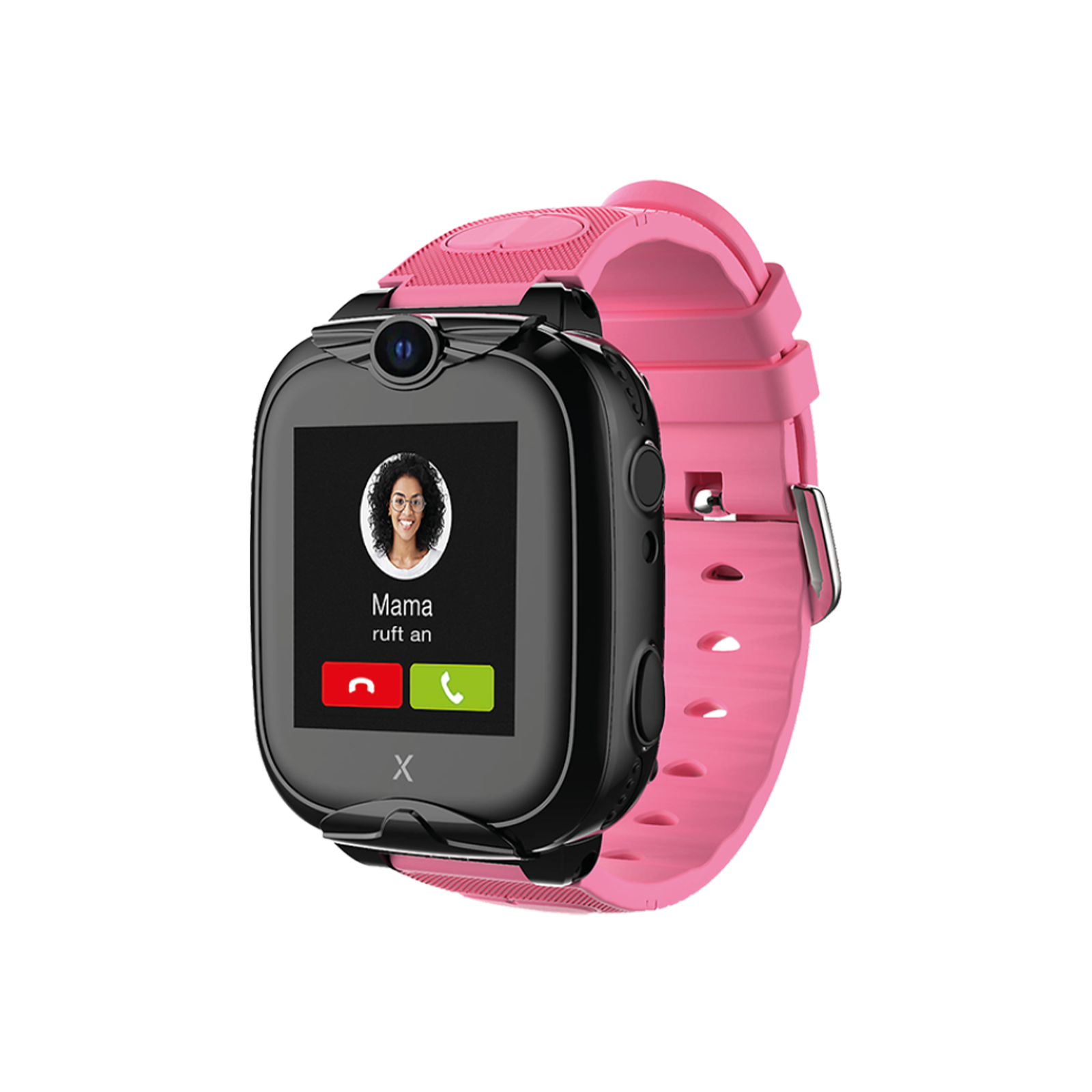 Un reloj inteligente infantil negro con correa de silicona rosa muestra una llamada entrante de mamá.