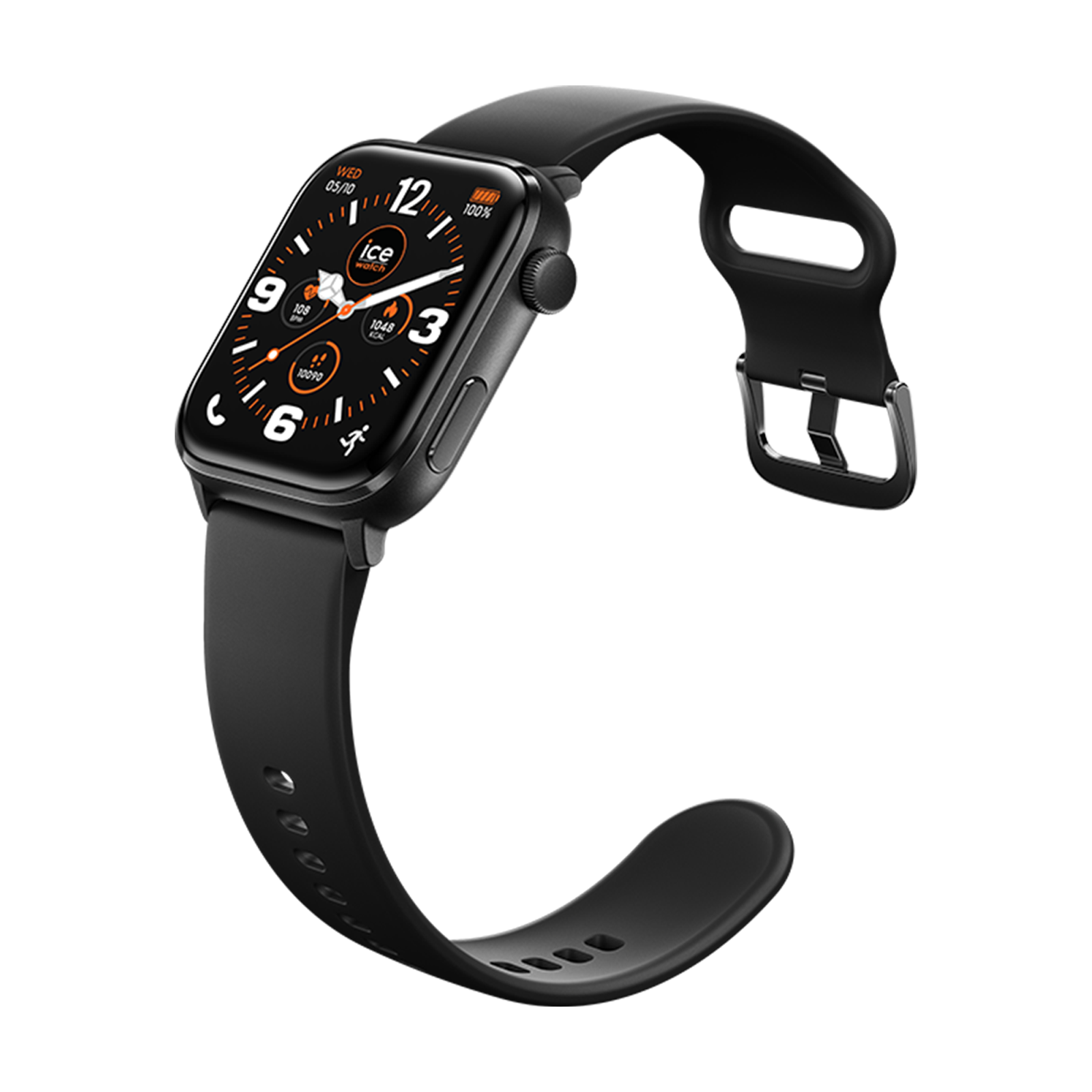 Eine schwarze Smartwatch mit digitalem Display und Silikonarmband vor schwarzem Hintergrund.