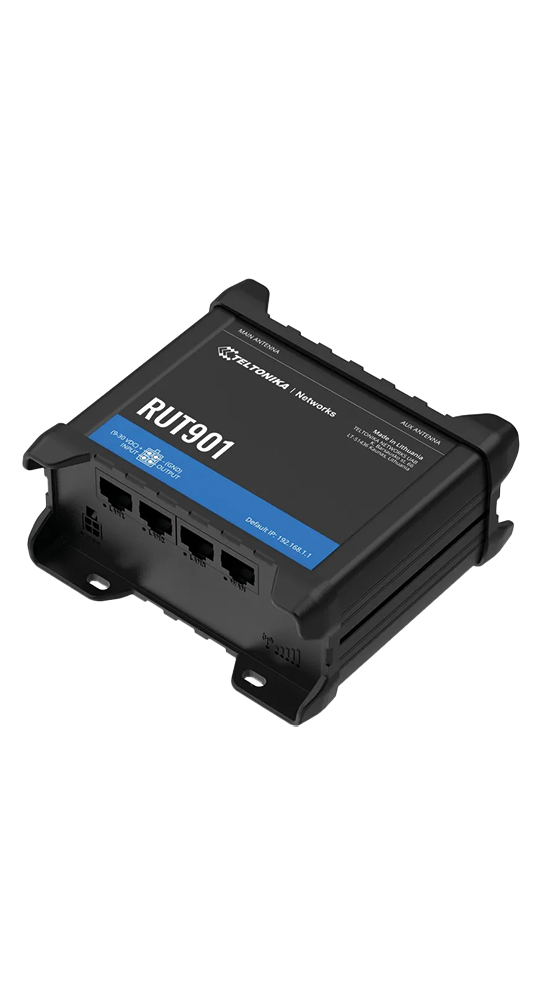 Czarny router przemysłowy Teltonika RUT901 z czterema portami ethernetowymi na czarnym tle.
